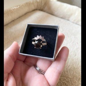 Onyx and Rose Quarts Wedding Set, Size 8 3/4, Sterling Silver and 9K Gold Filled